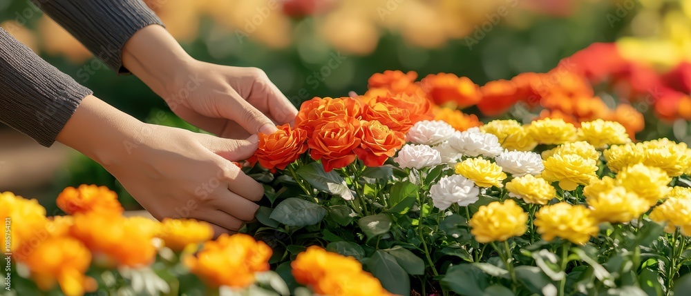 A person carefully selecting vibrant flowers in a garden. A person carefully selecting vibrant flowers in a garden.