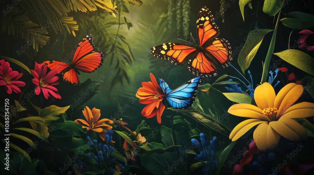 A Vibrant Tropical Garden Scene with Colorful Butterflies and Exotic Flowers in a Lush Green Environment A Vibrant Tropical Garden Scene with Colorful Butterflies and Exotic Flowers in a Lush Green Environment