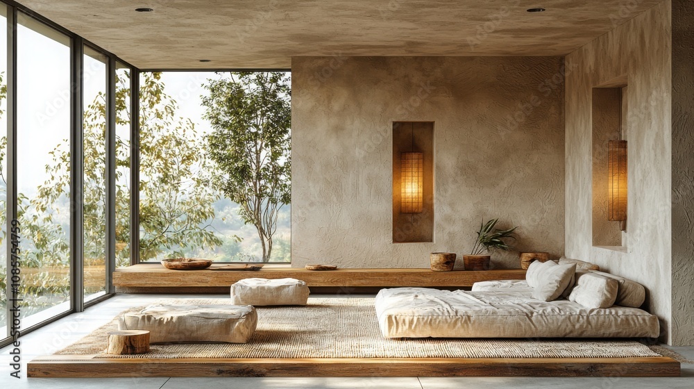 This image showcases a serene living space featuring natural materials and soft textures, creating a peaceful and stylish atmosphere. This image showcases a serene living space featuring natural materials and soft textures, creating a peaceful and stylish atmosphere.