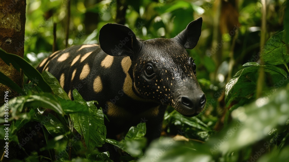 Fototapeta premium Captivating Image of a Young Tapir in Lush Tropical Forest, Showcasing Its Unique Spotty Coat Surrounded by Vibrant Green Foliage and Dense Vegetation
