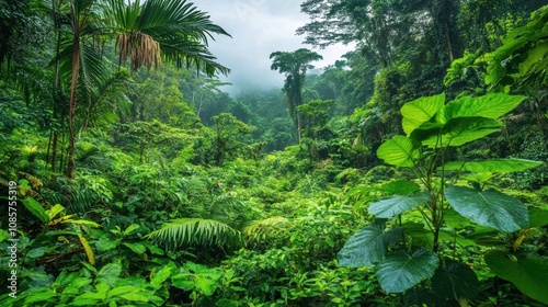 Lush Green Rainforest with Dense Vegetation and Misty Atmosphere in Tropical Wilderness, Showcasing Vibrant Plant Life and Serene Natural Beauty