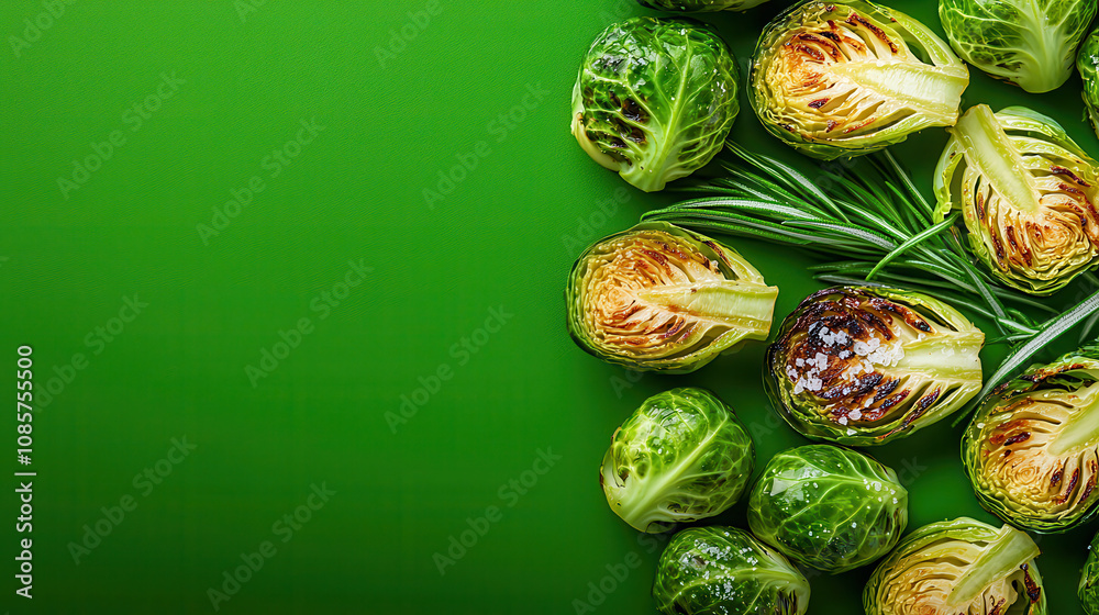 Grilled Brussels sprouts with vibrant green background create fresh and appetizing scene. charred edges add delightful texture to this healthy dish