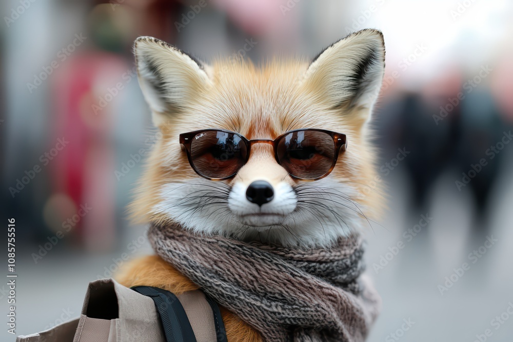A stylish fox wearing sunglasses and a cozy scarf on the street.
