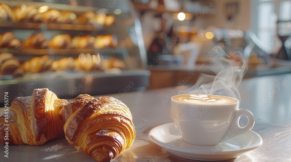 aroma of brewed coffee and bakery. A warm, inviting scene featuring a steaming cup of coffee beside a flaky croissant, set in a cozy cafe with baked goods in the background. aroma of brewed coffee and bakery. A warm, inviting scene featuring a steaming cup of coffee beside a flaky croissant, set in a cozy cafe with baked goods in the background.