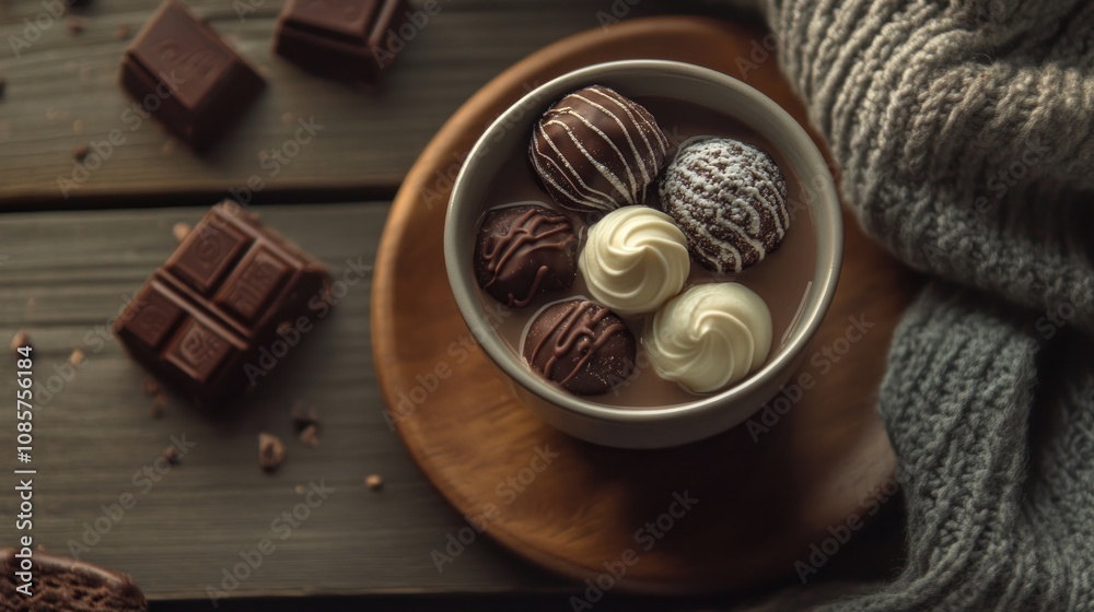 Top view of chocolate treats with a cup of hot cocoa, cozy and warm lighting Top view of chocolate treats with a cup of hot cocoa, cozy and warm lighting