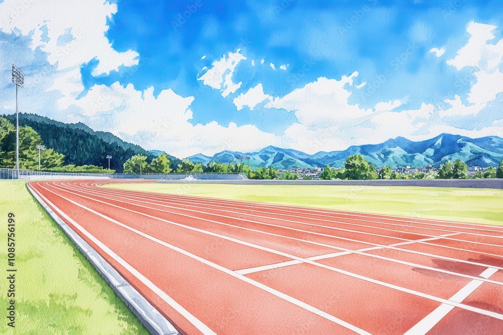 A vibrant running track surrounded by lush green hills. A vibrant running track surrounded by lush green hills.