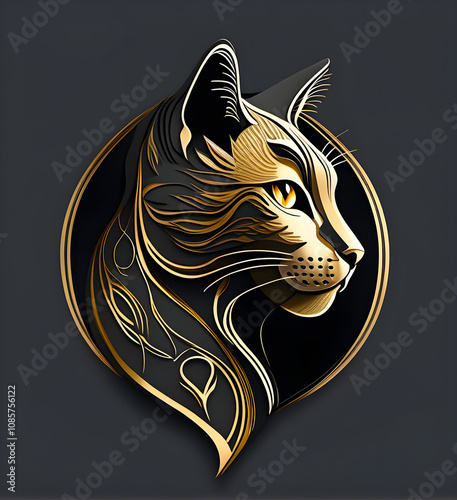 A cat logo in gold and black colors.

