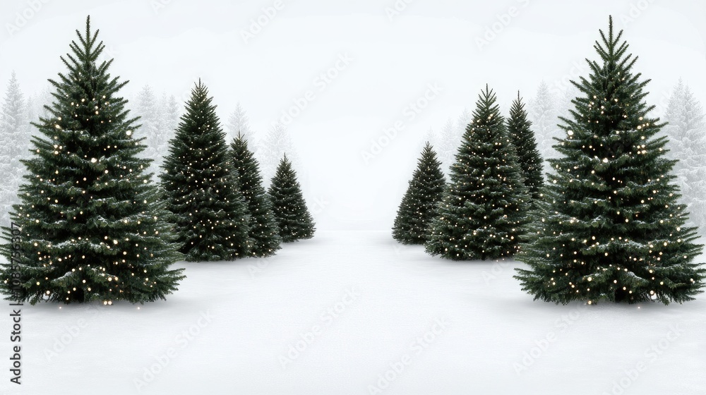 Naklejka premium A winter wonderland with a charming path lined by twinkling Christmas trees under falling snow