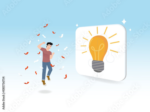 Idea of ​​success, achieved in a spectacular way, challenge completed with innovation and creativity, professional celebrating the accomplished mission of the assembled lamp puzzle. vector drawing