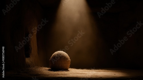 A dimly lit space featuring a round hay bale illuminated by a beam of light, This evocative scene is suitable for themes of solitude, rustic life, or creation, ideal for art, storytelling photo