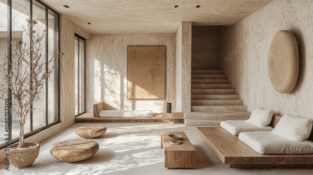 A stylish minimalist living room with wooden furniture, a cozy atmosphere, and natural sunlight streaming through large windows creating a serene environment. A stylish minimalist living room with wooden furniture, a cozy atmosphere, and natural sunlight streaming through large windows creating a serene environment.