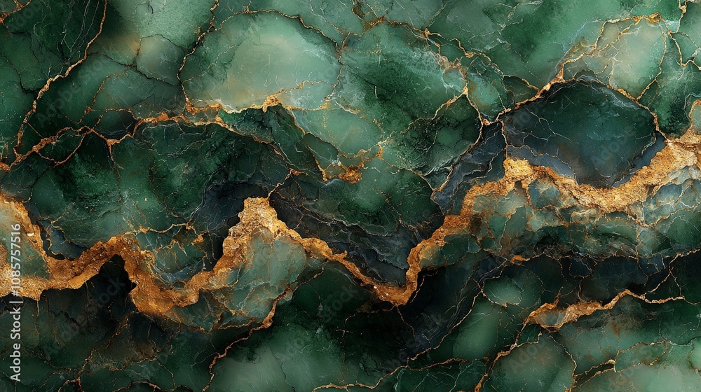 A close-up view of a green and gold marbled stone surface with intricate patterns. A close-up view of a green and gold marbled stone surface with intricate patterns.