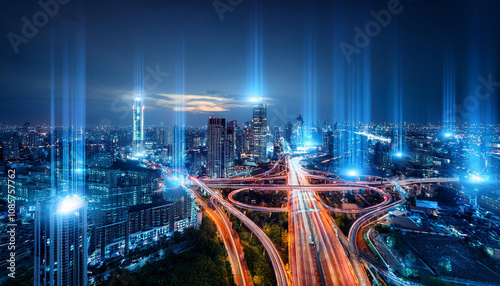 Smart city digital transformation development concept. Band lights over modern