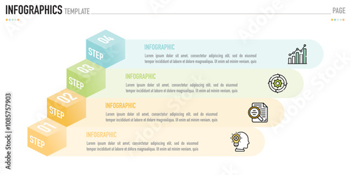 Infographic template or element with 4 step, process, option, colorful 3D square, rectangle, box layer, pyramid, funnel, icons on white background for sale slide, minimal modern simple style, origami