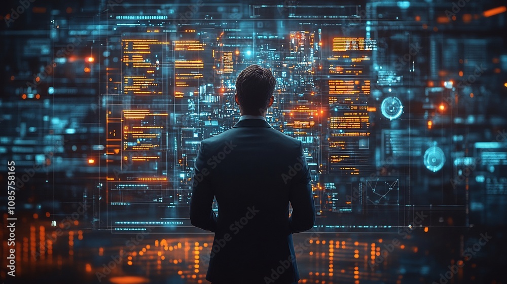 Business professional interacting virtual screens surrounded by radiant communication nodes glowing analytics and techdriven tools Business professional interacting virtual screens surrounded by radiant communication nodes glowing analytics and techdriven tools