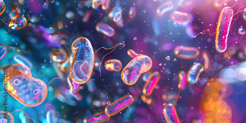 Vibrant microbiology scene with colorful bacteria, Microscopic organisms visualized for biological research

