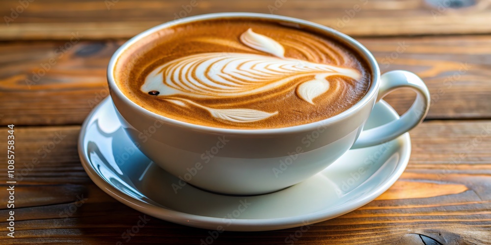 A White Cup of Latte Art with a Fish Design on a Wooden Table, Latte Art, Coffee, Fish A White Cup of Latte Art with a Fish Design on a Wooden Table, Latte Art, Coffee, Fish