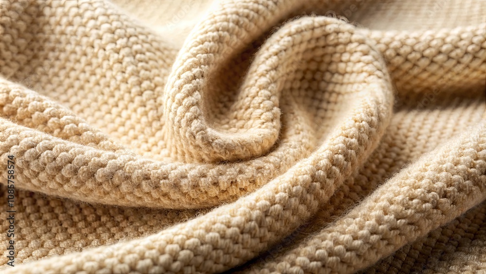 Close-up view of textured beige knitted fabric with soft, swirling folds and detailed stitchwork Close-up view of textured beige knitted fabric with soft, swirling folds and detailed stitchwork