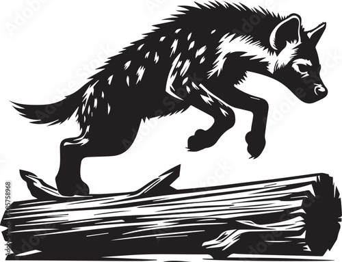 A hyena jumping over a log vector silhouette design