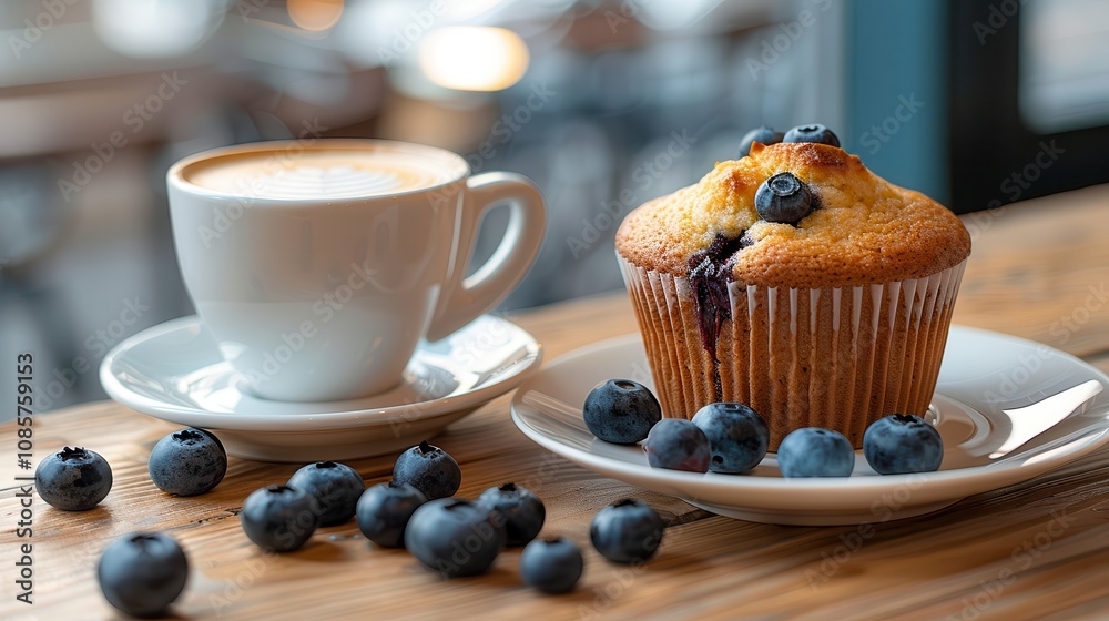 aroma of brewed coffee and bakery. A warm muffin topped with blueberries sits beside a steaming cup of coffee on a wooden table, creating a cozy cafe atmosphere. aroma of brewed coffee and bakery. A warm muffin topped with blueberries sits beside a steaming cup of coffee on a wooden table, creating a cozy cafe atmosphere.