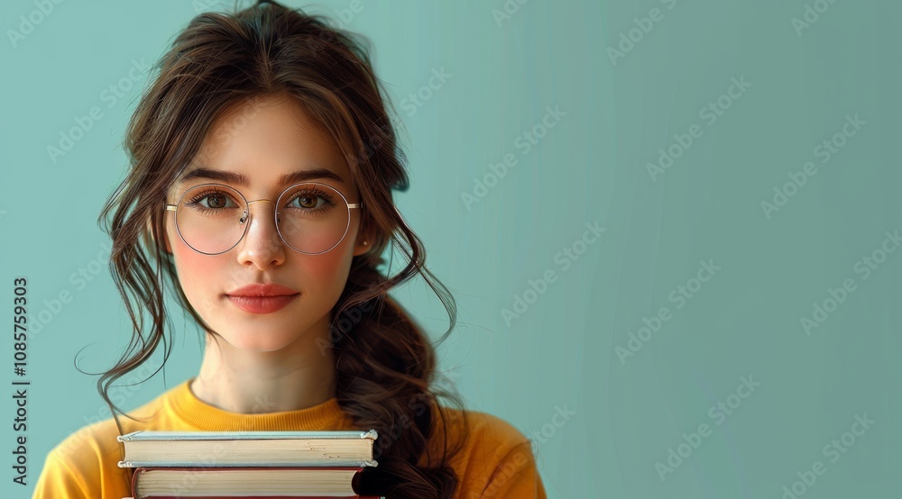 Young woman with books, glasses, looking at camera. Young woman with books, glasses, looking at camera.