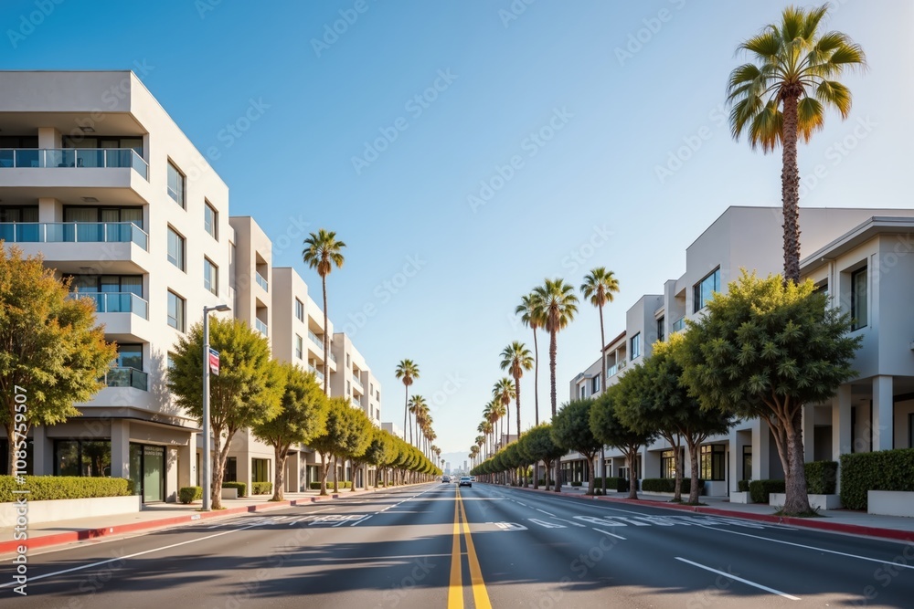 Modern urban street with palm trees and contemporary buildings in a sunny cityscape. Modern urban street with palm trees and contemporary buildings in a sunny cityscape.