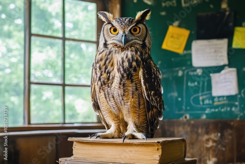 Wallpaper Mural Majestic Owl Perched Atop Old Books Near Window Torontodigital.ca