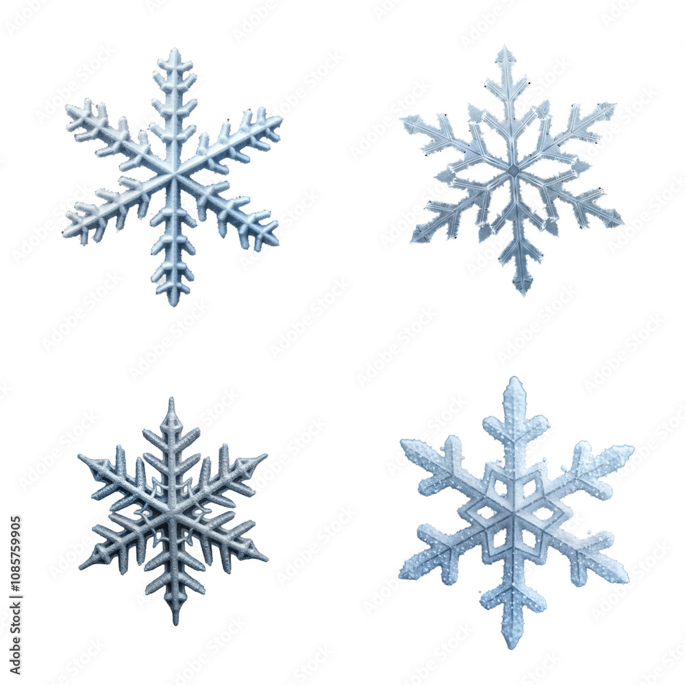 Four large frozen snowflakes against isolated background. Detailed macro photo. Winter scene. Festive decor. Potential use for holiday cards, seasonal prints, winter-themed projects. Great for winter Four large frozen snowflakes against isolated background. Detailed macro photo. Winter scene. Festive decor. Potential use for holiday cards, seasonal prints, winter-themed projects. Great for winter