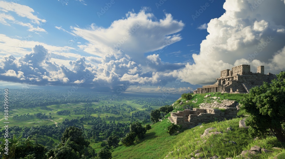 Majestic Ancient Ruins: Panoramic 3D Render of Lost Civilization Overlooking Lush Valley with Dramatic Clouds and Ultra-Detailed Features Majestic Ancient Ruins: Panoramic 3D Render of Lost Civilization Overlooking Lush Valley with Dramatic Clouds and Ultra-Detailed Features