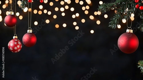 Festive Red Christmas Ornaments Hanging Against a Sparkling Background of Holiday Lights
