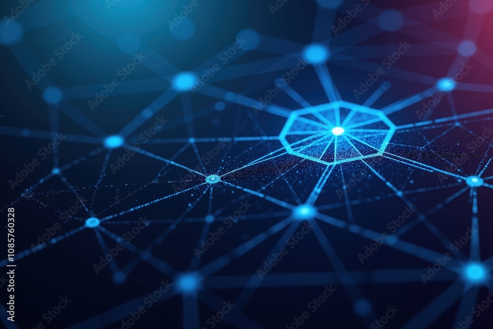 Abstract blue geometric network with hexagonal pattern and glowing connections on dark background. Abstract blue geometric network with hexagonal pattern and glowing connections on dark background.