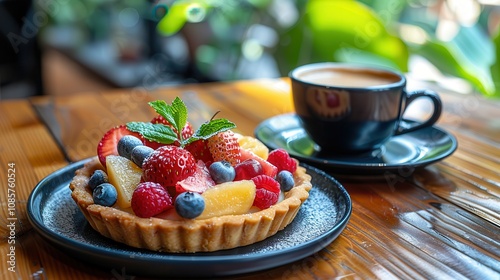 aroma of brewed coffee and bakery. A vibrant fruit tart topped with berries sits on a plate next to a cup of coffee, against a backdrop of lush greenery.