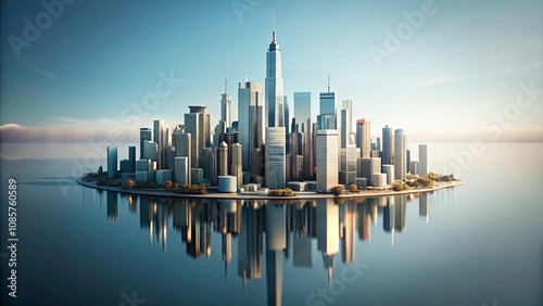 Modern Metropolis on an Island, Reflected in Calm Waters at Dawn