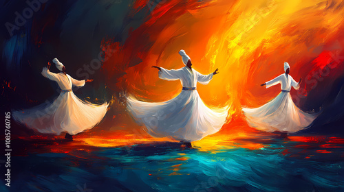 Fototapeta Naklejka Na Ścianę i Meble -  Sufi dervishes performing a whirling ceremony, mystical atmosphere, vibrant digital painting, spiritual dance. Whirl. Illustration