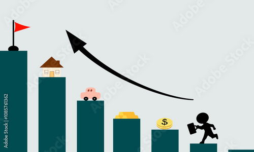 This image depicts a person climbing steps towards financial goals, growth, and accumulation of wealth, with a rising arrow illustrating progress and growth.