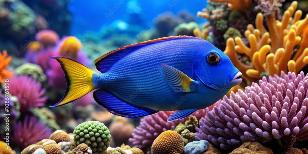 Obraz premium Blue Tang Fish in Vibrant Coral Reef, Underwater Paradise, Marine Life, Tropical Fish , Reef Tank, Coral