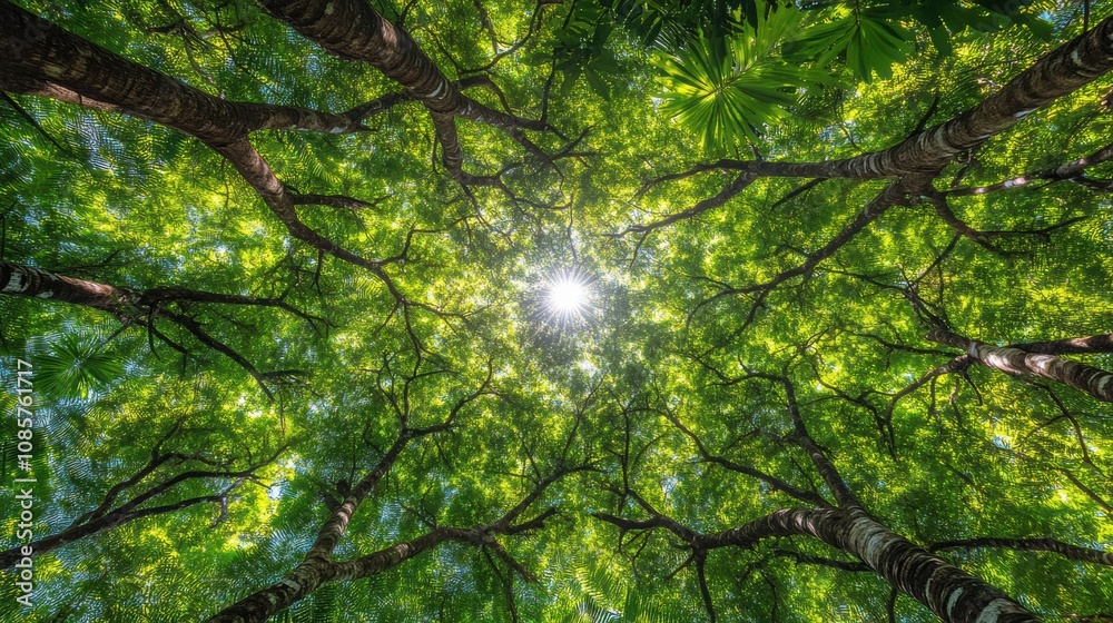 Majestic Canopy of Lush Green Trees Bathed in Sunlight, Natural Background Perfect for Nature Photography, Eco Tourism, and Relaxation Themes Majestic Canopy of Lush Green Trees Bathed in Sunlight, Natural Background Perfect for Nature Photography, Eco Tourism, and Relaxation Themes