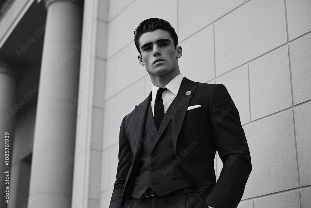 Elegant Male Model in 1940s Retro Fashion Posing Confidently Against a Classic Architectural Backdrop in Black and White Photography Style Elegant Male Model in 1940s Retro Fashion Posing Confidently Against a Classic Architectural Backdrop in Black and White Photography Style