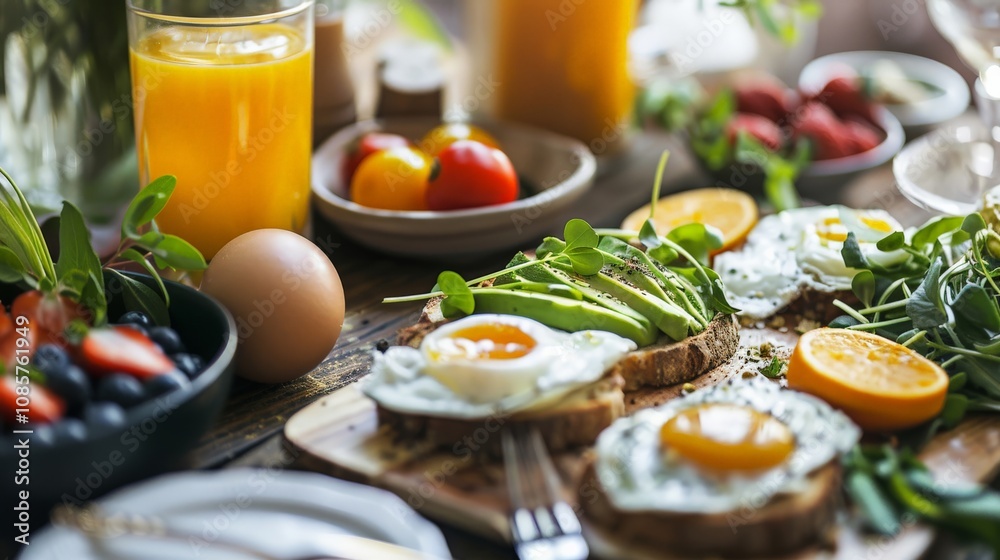 Breakfast table with avocado toast, poached eggs, and fresh orange juice