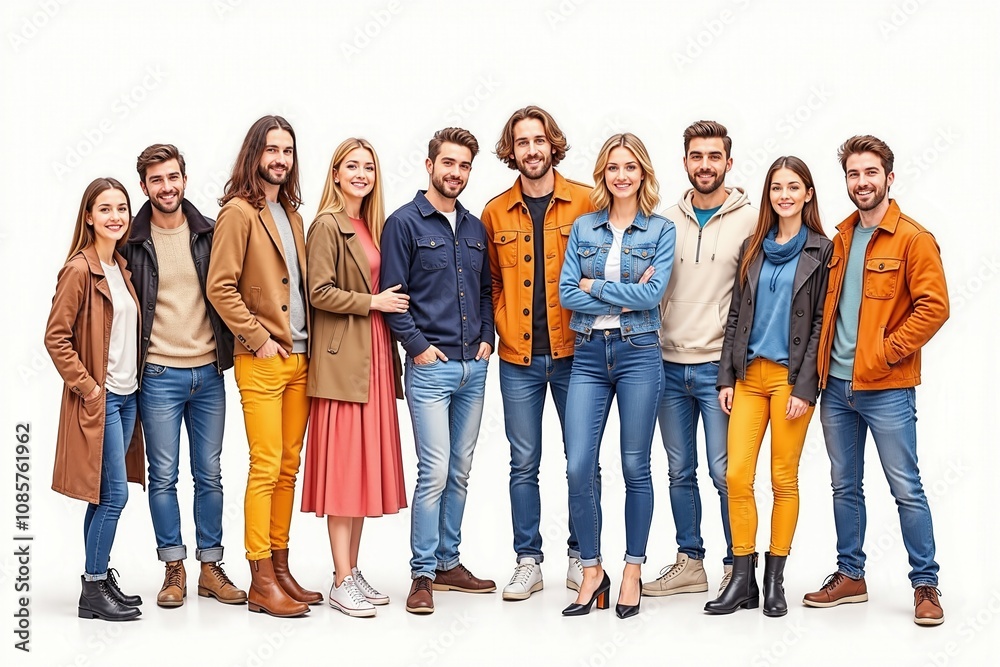 Obraz premium Group of happy young adults in casual outfits posing together on a white background.