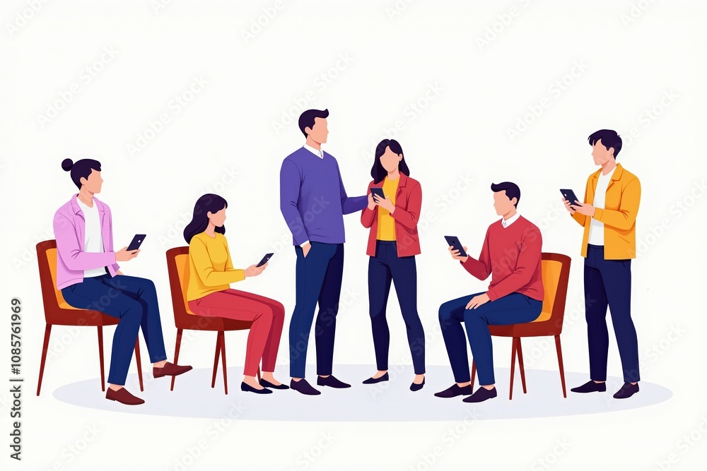 Obraz premium Group of people engaging with technology in a modern collaborative setting.