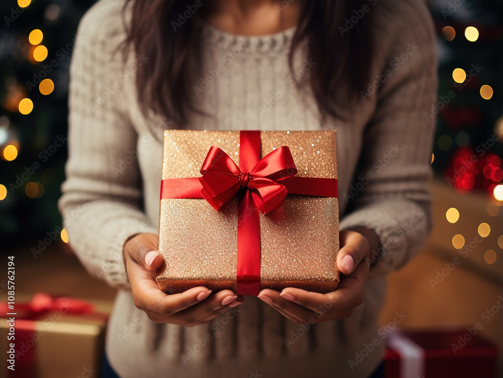 Excellent Smiley woman unpacking a gift Excellent Smiley woman unpacking a gift