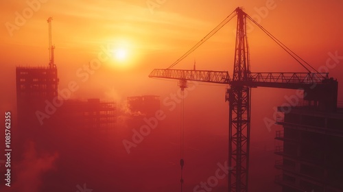 Stunning industrial cranes silhouetted against a foggy cityscape at sunrise with red and orange hues