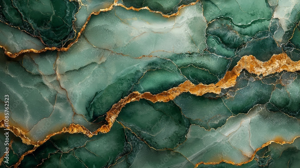 A close-up view of green and gold marbled stone, showcasing natural patterns and textures. A close-up view of green and gold marbled stone, showcasing natural patterns and textures.