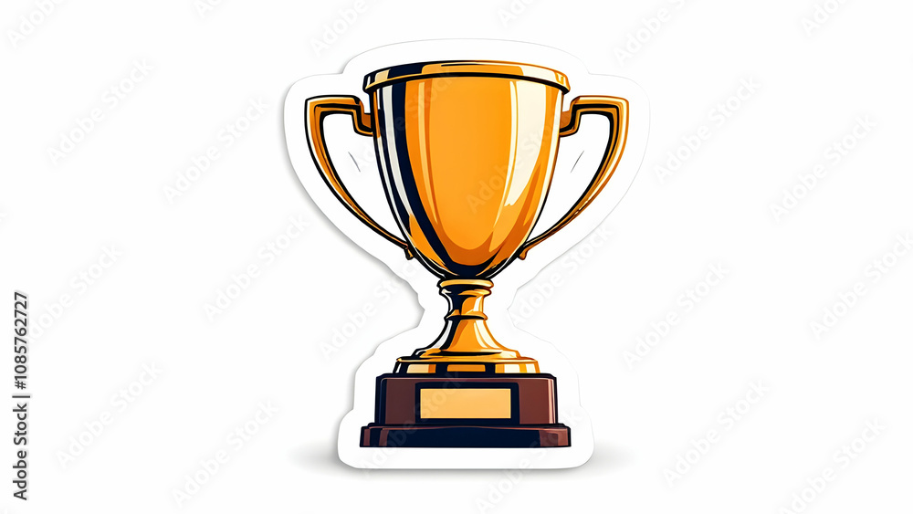 A sticker of a golden trophy with two handles and a dark brown base. Its a symbol of victory, achievement, and success. Blank plate for personalization. A sticker of a golden trophy with two handles and a dark brown base. Its a symbol of victory, achievement, and success. Blank plate for personalization.