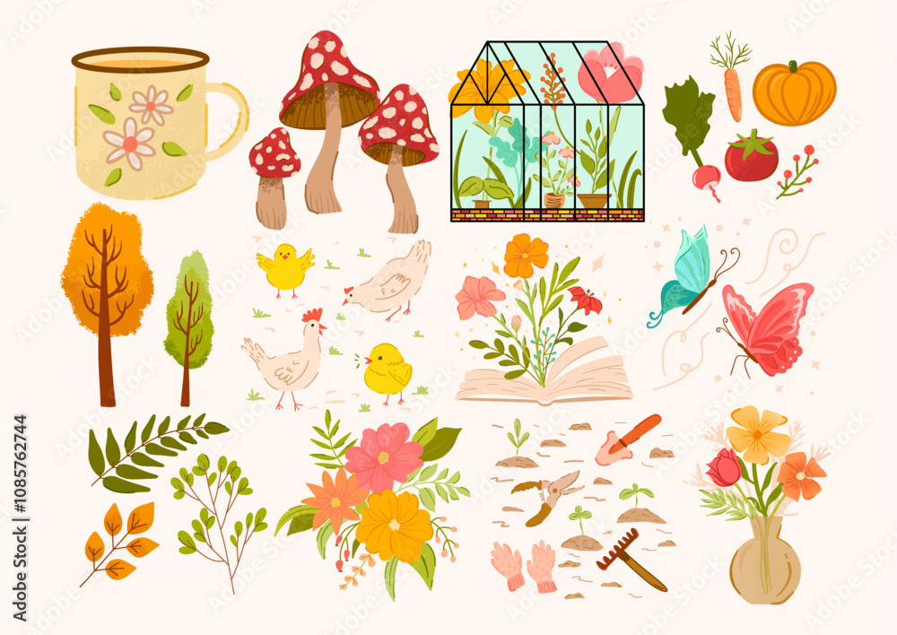 Fototapeta premium Cozy cute cottagecore vector set. Countryside farm items, animals, flowers, cup and book, chickens, gardening tools, mushrooms. Homey country stuff. Flat illustration easter collection hand-drawn 