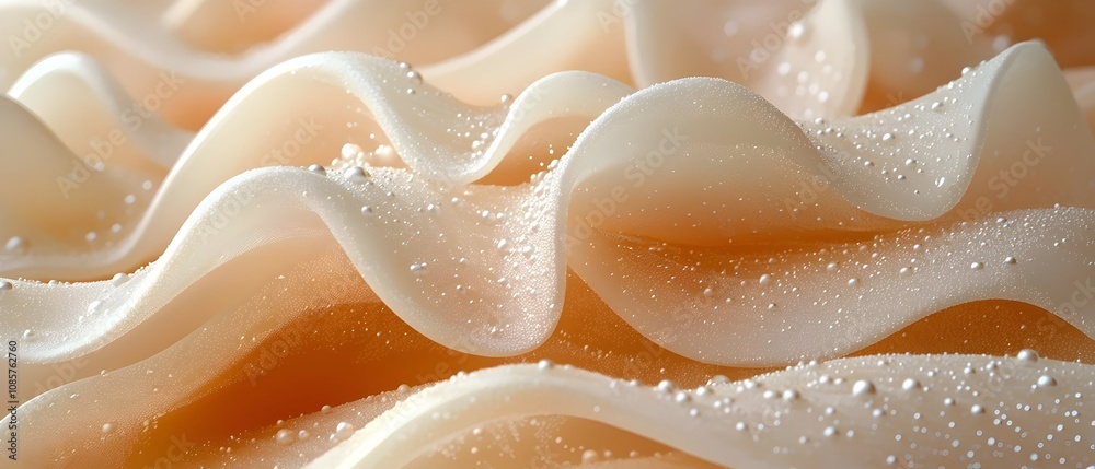 A close-up of delicate, wavy fabric featuring a soft, beige hue and glistening water droplets, creating an elegant and textured appearance. A close-up of delicate, wavy fabric featuring a soft, beige hue and glistening water droplets, creating an elegant and textured appearance.