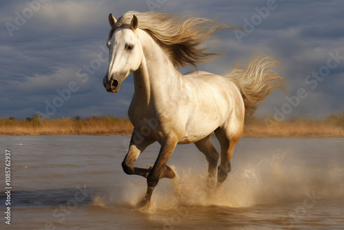 White horse with a flamboyant mane galloping in water, AI generated