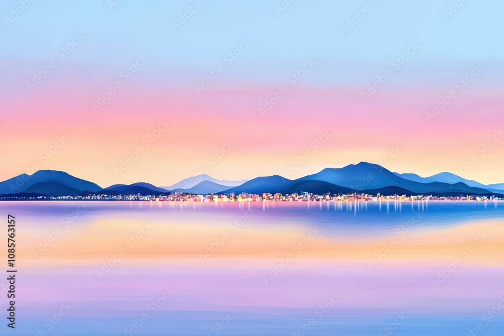Serene landscape with mountains and calming pastel sky reflection. Serene landscape with mountains and calming pastel sky reflection.