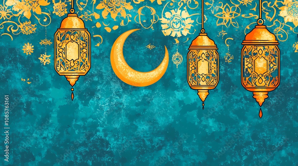 Obraz premium Golden Lanterns Crescent Moon Festive Islamic Art Design